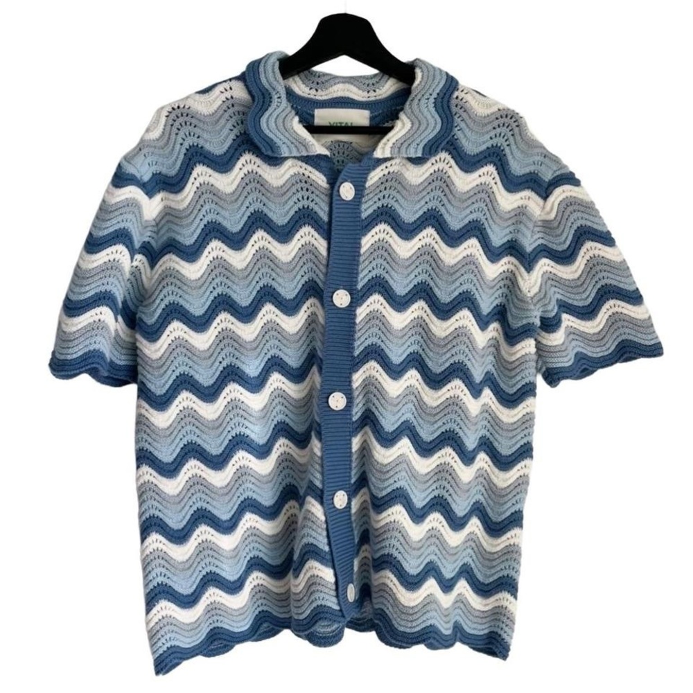 Blue and White Wave Pattern Crochet Knit Blouse Short Sleeves Shirt Unisex Large